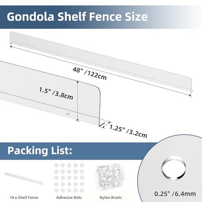 Nalwort 10 Pcs Retail Gondola Shelving Front Fence, Clear PET Shelf Fence with 1/4" Holes and Screws, Front Lips Barrier for Retail Store Display Rack, 1.5" H x 48" L - size: 1.5" H x 48" L