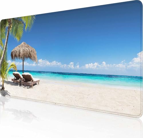 Gaming Mouse Pad, XXL Extended Computer Keyboard Long Mouse Mat, Large Desk Pad for Office Laptop, Non-Slip Rubber Base with Stitched Edge Mousepad, 35.4X15.7 inch Tropical Palm Sea and Beach - color: Tropical Palm Sea and Beach, size: 35.4" x 15.7"