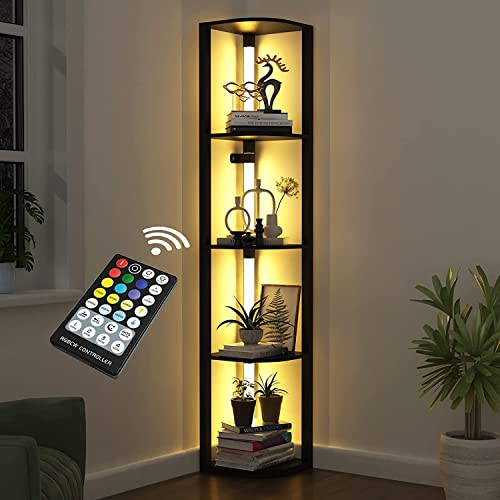 VTRIN Corner Shelf with Light, Modern Home Decor Stand Floor Lamps with Storage Shelves for Collectibles, Sturdy 5-Tier Corner Bookshelf Cabinet Display Shelf for Living Room Bedroom Small Space - color: Black