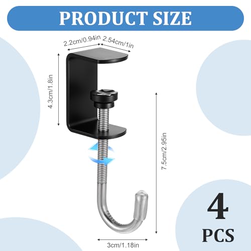 cobee Clamp-On Under Desk Hooks, Desk Mount Hanging Bag Holder Metal Hook Adjustable Headphones Clamp Organizer Portable Purse Hanger Clip Reduce Desk Clutter Table Desk Under Counter (4 Pcs, Black) - color: 4 Pcs, Black