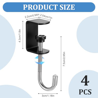cobee Clamp-On Under Desk Hooks, Desk Mount Hanging Bag Holder Metal Hook Adjustable Headphones Clamp Organizer Portable Purse Hanger Clip Reduce Desk Clutter Table Desk Under Counter (4 Pcs, Black) - color: 4 Pcs, Black