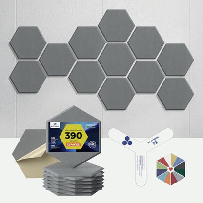 Self-Adhesive Acoustic Panels [390 lbs/yd³ Ultra-High Density], 2nd Generation Sound Absorbing Panel, Professional Level Sound Panel, Polyester Soundproof Foam [Medium Hexagon, Moon Grey] - color: Moon Grey, size: Medium Hexagon (12''x10''x0.4'')