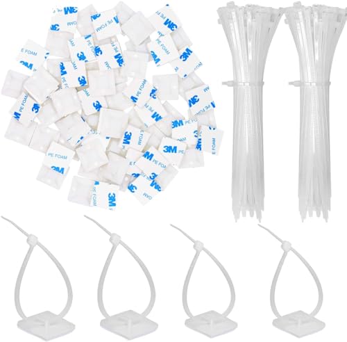 30 Pack 2 inch Zip Tie Adhesive Mounts Self Adhesive Cable Tie Base Holders with Multi-Purpose Tie wire clips with screw hole,Anchor stick on wire holder with 8 inch zip ties（White） - color: 30 Pack 2“ White