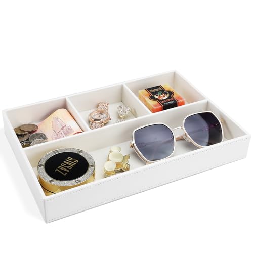 GORESE Faux Leather Valet Tray, Stackable Jewelry Trays for Dresser Table Drawer, Nightstand Organizer for Men Women, EDC Catch All Tray for Trinket, Key, Purse, Sunglass, Watch, Cologne, White - color: Cream White