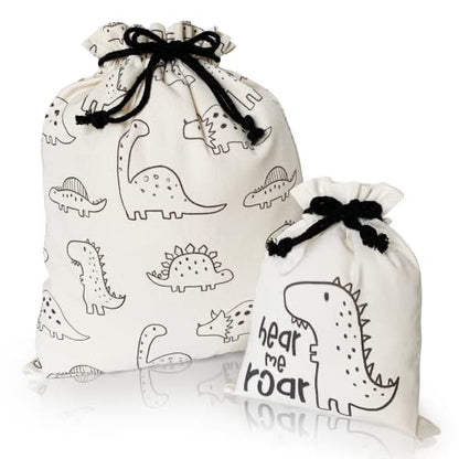 Gather & Knot Drawstring Gift Bags | Premium Canvas | 20" Large 12" Small | Reusable Fabric Wrap for Baby Shower or Boy Birthday | Dinosaur - color: Dinosaur