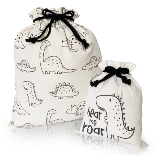 Gather & Knot Drawstring Gift Bags | Premium Canvas | 20" Large 12" Small | Reusable Fabric Wrap for Baby Shower or Boy Birthday | Dinosaur - color: Dinosaur