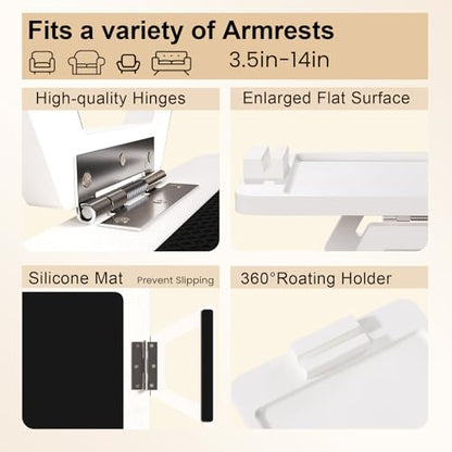 Couch Arm Tray with 360°Phone,Bamboo Folding Sofa Tray,Sofa Armrest Trays Clip-On Couch Desk for Drinks,Snacks,Phone,Remote Control（White） - color: White, style: 13.0" x 9.4"Phone Holder