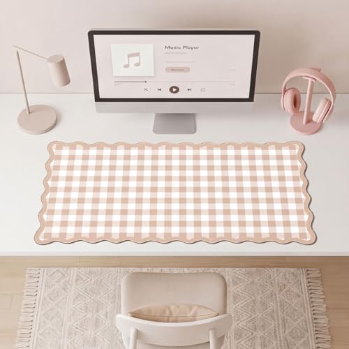 Checkered Brown Scalloped Mouse Pad,Cute Kawaii Gingham Large Desk Mat Non-Slip Rubber Base,Aesthetic Decor Gaming Computer Desk Pad for Office Laptop Mouse Keyboard Pad, 31.5" x 15.7", XL - color: Checkered Brown