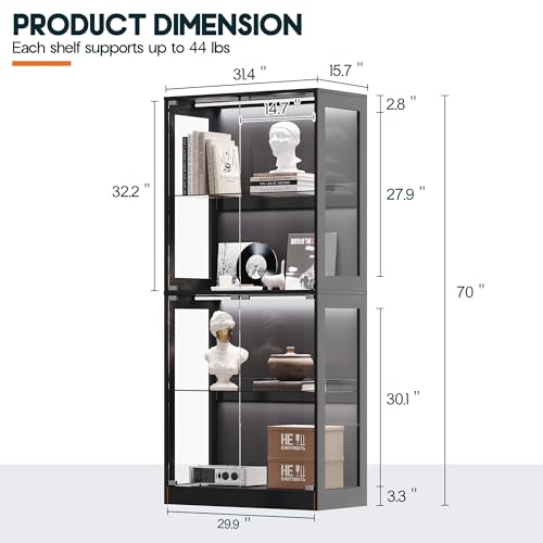 AMERLIFE RGB Display Cabinet with Adjustable Glass Shelves, 4-Tier Storage Case with LED Lights & Press-to-Open Doors, Modern Display Shelf for Collectibles, Black 70" H×32" L×16" D - color: Black, size: 32×16×70in