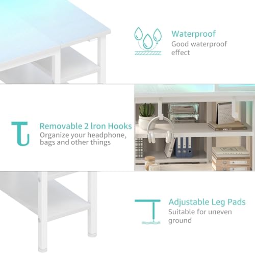 Lufeiya White Desk with Storage Shelves - 47 inch Home Office Gaming Desk with Monitor Stand, Computer Desk with LED Lights and Power Outlets, White - color: White