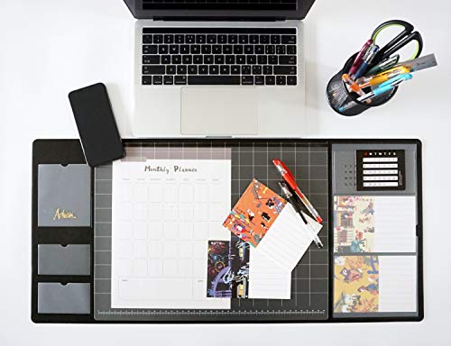 Multifunctional Desk Mat with Calendar, with Pockets for Notes/Monthly Plans/Photos/Business Cards, Waterproof and Non-Slip Mouse Pad, 27.6'' x 13'' Black