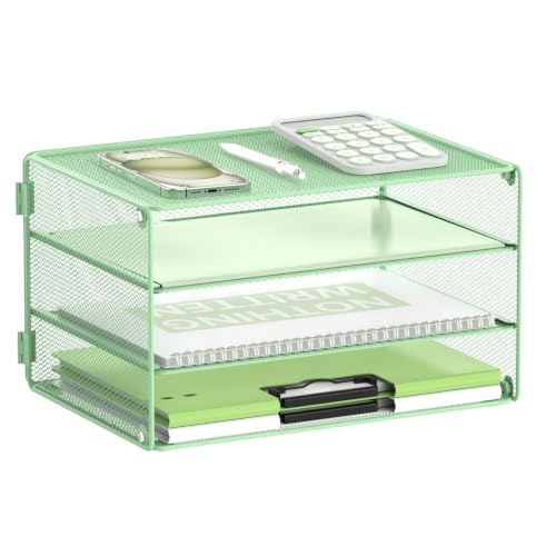 DALTACK 3 Tier Letter Tray Paper Organizer for Desk, Mesh Metal Desk File Organizer with Sliding Trays for Letter/A4 Paper, Mail, Bills & Folders, Mint Green - color: Mint Green