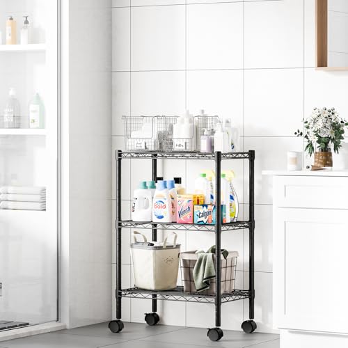 DUMOS 3-Tier Metal Wire Storage Shelves, Adjustable Standing Storage Rack Shelf with Wheels, Heavy Duty Steel Shelving Unit Organizers for Kitchen Bathroom Pantry Garage, 23.1" Wx13.4 Dx30.2 H, Black - size: 3 Tiers with wheels-30.31"H