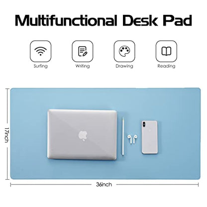 Wolaile Faux Leather Desk Pad Blotter,Waterproof Non-Slip Writing Desk Mat for Kids,36x17 in Desktop Protector Large Mouse Pad,Light Blue Office Home Table Cover - color: Baby Blue