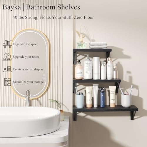 BAYKA Wall Mounted Floating Bathroom Shelves, Wood Floating Wall Shelf for Bathroom Essentials & Decor, Small Space-Saving Display & Organizer（Black，Set of 3） - color: A. Black Board & Black Brackets, size: 16-inch Mixed