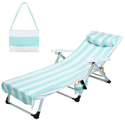 Tirrinia Lounge Chair Towel Cover with Fitted Top Pocket, DIY Pillow Design (Stuff with Clothes or Towels), Beach Chair Cover for Pool Lounge Chairs, Chaise Lounge Towel Cover, Soft & Quick Dry - color: Blue Stripe