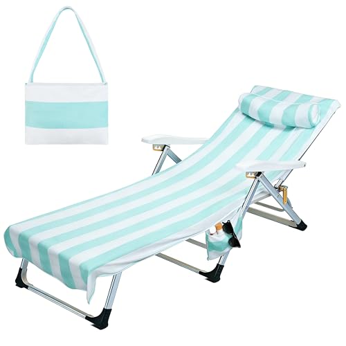 Tirrinia Lounge Chair Towel Cover with Fitted Top Pocket, DIY Pillow Design (Stuff with Clothes or Towels), Beach Chair Cover for Pool Lounge Chairs, Chaise Lounge Towel Cover, Soft & Quick Dry - color: Blue Stripe