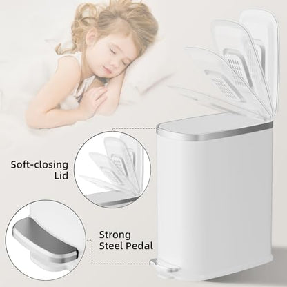 KUK Slim Bathroom Trash Can with Lid Soft Close, Step Pedal, 2.6 Gal/ 10L Stainless Steel Garbage Can with Removable Inner Bucket, Anti-Fingerprint Wastebasket for Office, Bedroom, Toilet (White) - color: Matt White-P2