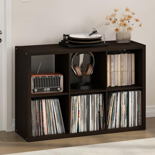 Furinno Cubicle Record Player Stand with Vinyl Storage, 6-Cube 1.2 Extra Thick Vinyl Record Storage, Open Back Media Shelf for CD DVD Blueray Game Disc, for Living Room, Home Office, Black Dark Oak - color: Black Dark Oak, size: Extra Thick, 6-Cube Standa