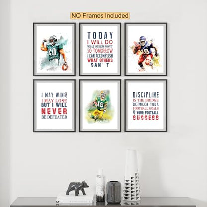 Football Motivational Posters - Inspirational Art Prints For Boys Bedroom, Teenage Room Decor - Set Of 6 8x10 In