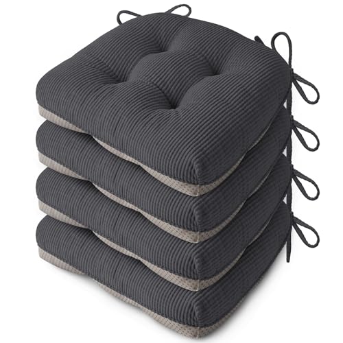 Indoor Kitchen Chair Cushions Set of 4 18"X16.5"X3" Soft Anti Slip Dining Chair Pads Tufted Kitchen Seat Cushion with Ties, Dark Grey - color: Dark Grey