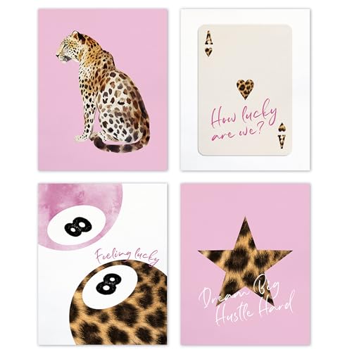 TLESKE Pink Cheetah Preppy Posters Prints Unframed 8x10 Set of 4, Trendy Aesthetic Lucky 8 Balls Wall Art Prints Decor for Teen Girls Dorm Bedroom Living Room, Retro Cheetah Print Wall Picture - color: pink cheetah, size: 10L" x 8W"