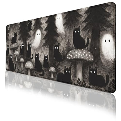 Black Cat Gaming Mouse Pad Ghost Forest Large Desk Mat Waterproof Stitched Edges Rubber Base Non-Slip Deskmap Computer Keyboard Mat Office Computer Keyboard Laptop 31.5"x11.8" - color: Black Cat