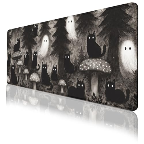 Black Cat Gaming Mouse Pad Ghost Forest Large Desk Mat Waterproof Stitched Edges Rubber Base Non-Slip Deskmap Computer Keyboard Mat Office Computer Keyboard Laptop 31.5"x11.8" - color: Black Cat