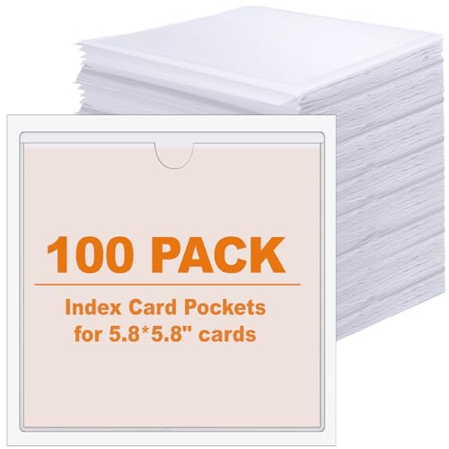 Outus 100 Pcs Index Card Pockets, 6 x 6 Inch Clear Self Adhesive Labels Pocket for Business, Plastic Label Sleeves with Top Open for Organizing Storage Bins Library Card Shelves Scrapbooks - size: 6 x 6 Inch