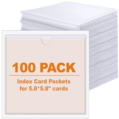 Outus 100 Pcs Index Card Pockets, 6 x 6 Inch Clear Self Adhesive Labels Pocket for Business, Plastic Label Sleeves with Top Open for Organizing Storage Bins Library Card Shelves Scrapbooks - size: 6 x 6 Inch