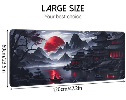FreeNook Large Gaming Mouse Pad, Anime Black Mousepad with Stitched Edges, Expanded Cool Desk Mat, Japanese Red Moon XL Keyboard Mat Suitable for Home Office,47.2 x 23.6 Inch - color: RedMoon, size: 47.2L x 23.6W inches