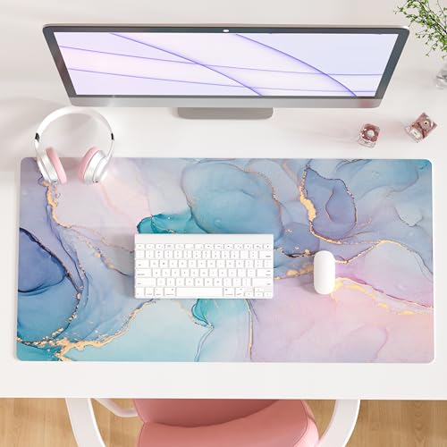 QIYI Large Mouse Pad, PU Leather Desk Mat for Desktop, Waterproof Gaming Desk Pad, Marble Full Desk Accessories Keyboard Mousepad, Abstract Art Home Office Décor 31.5" x 15.7" - Blue Pink Fluid - color: Blue Pink Fluid, size: 31.5" x 15.7"