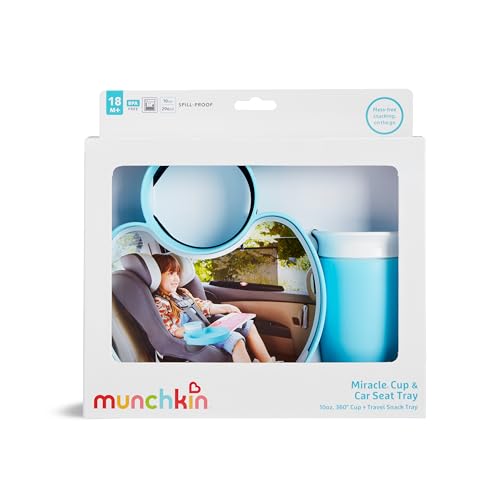 Munchkin Carseat Tray with Miracle 360 Sippy Cup for Toddlers 1-3 - Travel & Road Trip Accessory for Kids, Mess-Free Snacking and Spill Proof Drinking in The Car, Blue - color: Blue