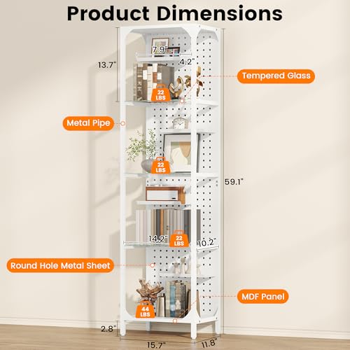 Saudism Glass Display Shelf for Collectibles, LED White Shelf, Curio Cabinet, Lighted Tall Narrow Shelf with Pegboard Steel Frame for Gaming Room, Floor Lamp with Shelves, Living Room, Bedroom (Small) - color: White, size: Small