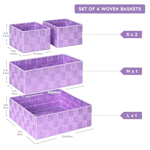 Posprica Woven Storage Baskets for Organizing, Small Black Baskets Cube Bin Container Tote Organizer Divider for Drawer, Closet, Shelf, Dresser, Set of 4(Purple) - color: Purple-4