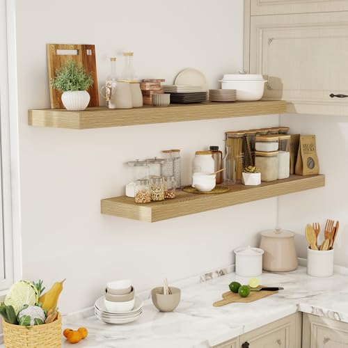Acovy 55 Inch Floating Shelves, 12" Deep Floating Shelf Wall Mounted, 55" Wall Shelves, Rustic Deep Bookshelf, Extra Deeper & Thicker Display Shelves for Bedroom, Living Room, Oak, Set of 2 - color: Oak, size: 12"Wx55"L-2pcs