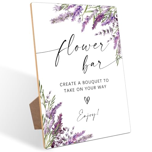 Flower Bar Sign, Lavender Bridal Shower Decorations, Wedding Reception Table Decorations, Engagement Party Decor, Purple Floral Wooden Sign with Stand for Wedding Reception And Bridal Party Decor, 20 - color: Flower Bar20