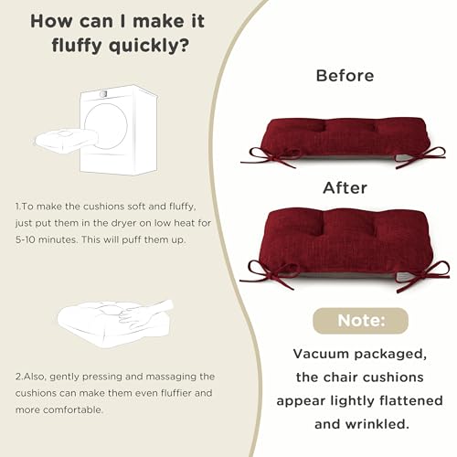 AddGrace Chair Cushions for Dining Chairs Set of 1 Kitchen Seat Cushions with Ties and Non Slip Backing Tufted Indoor Seat Pad for Kitchen Dining Room 18" x 17" x 3" Burgundy - color: Burgundy