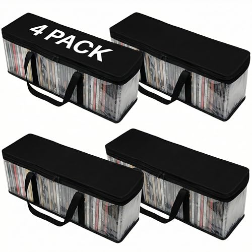 Evelots CD Storage Bags (4 Pack) Clear PVC Plastic Media Carrying Case with Zipper - Holds 200 CDs Total - Strong Handles - Protects CDs, Video Games, Music from Dirt & Moisture - size: 4-Pack (Holds 200), style: CD Storage Bag