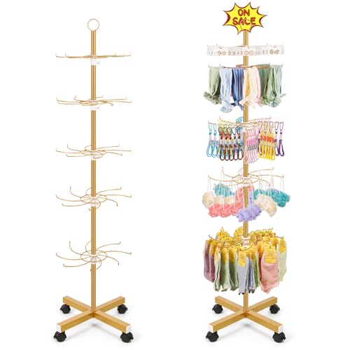Flenpptly Retail Display Stand, 5-Tier Rotating Display Rack for Store Display, Movable and Adjustable Spinning Display Stand for Earrings, Jewelry, Keychains, Socks Display (Gold) - color: Gold