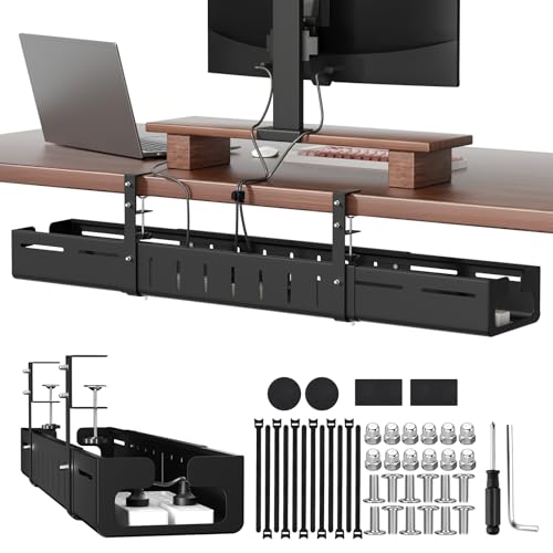 Under Desk Cable Management Tray, Expandable 25.2"–38.6", No Drill Clamp Mount, Cord Management Heavy Duty Carbon Steel Standing Cord Organizer for Home, Office, Gaming, Desk, Black - color: Black