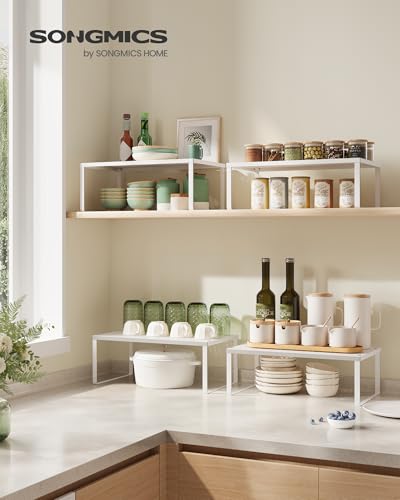 SONGMICS Spice Racks, Set of 2 Metal Cabinet Shelf Organizers, Countertop Organizers, Shelf Risers, Stackable, Expandable, White UKCS401W01 - color: White, size: 9"D x 15.7"W x 6.1"H + 8.6"D x 15.7"W x 5.4"H
