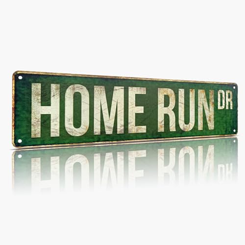 Home Run Dr Baseball Metal Street Sign, Vintage Aluminum Sports Wall Decor 15 x 4 Inch, Rustic Green Retro Road Sign for Man Cave Boys Room Game Room Garage Gift - color: Home Run Dr