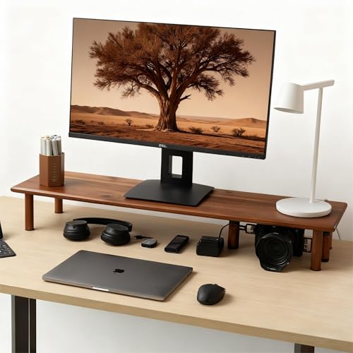 Dual Monitor Stand Riser Acacia Wood, Wooden Desk Monitor Riser for 2 Monitors Supports for Monitor, Printer, Heavy TV Riser up to 130 lbs - color: Acacia wood