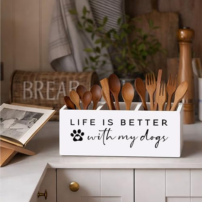 Life Is Better With Dogs Desk Organizer | Cute dog quote design; 3-compartment wooden holder stores pens, pencils, scissors, rulers. - color: Better With Dogs