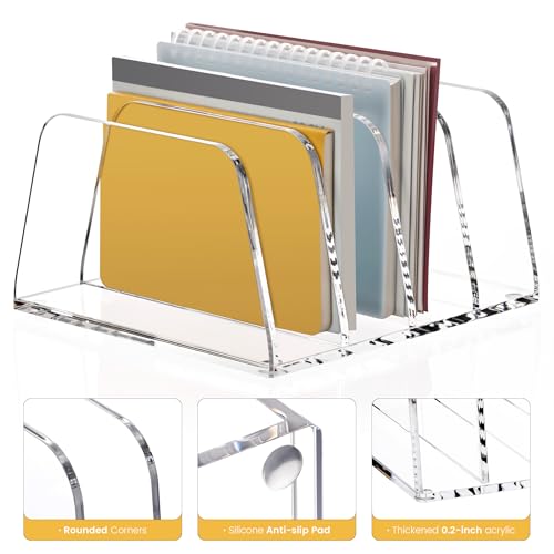YUXUN Acrylic File Sorter,6.9"x6.6"x3.74",4 Sections Vertical Desk Organizer,Clear Mail Organizer File Holder Stand Rack Desk Accessories for Mail,Envelope,Letter,Notebook for Home/Office/Classroom - style: 4-Section,A5