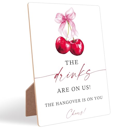 Cherry Wedding Signs for Reception, Pink Bow Drinks Are On Us Sign, Berry Wooden Wedding Signs with Stand, Pink Bow Theme Bridal Shower Decorations, Bridal Shower Party Supplies for Reception, 14 - color: Cheery14