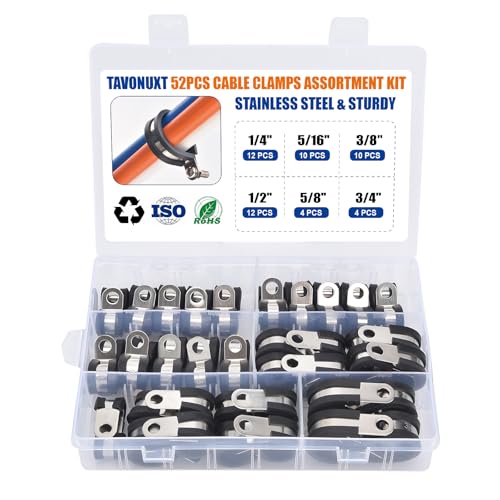 52PCS Cable Clamps Assortment Kit, 6 Sizes (1/4" to 3/4") Stainless Steel Rubber-Coated Cushioned Clamps, Insulated Pipe & Wire Holder for Automotive, Fuel Line, Hose, Tube - size: 1/4 Inch - 3/4 Inch, style: KIT