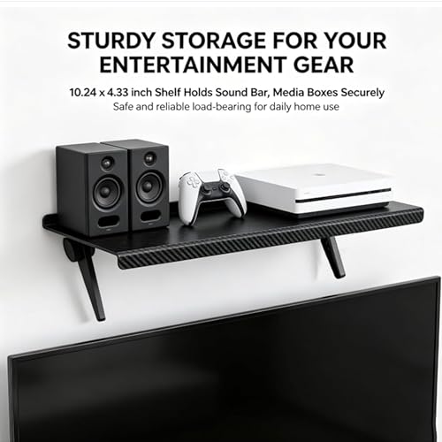 Speaker Mounts, 1 Pair Universal TV Shelf Brackets No Drilling Floating Shelves, Adjustable TV Top Shelf & Under TV Shelf Compatible with Universal Sound Bar, Space Saving Home Storage Organizer