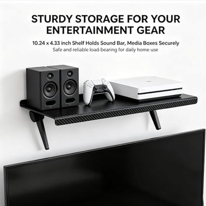 Speaker Mounts, 1 Pair Universal TV Shelf Brackets No Drilling Floating Shelves, Adjustable TV Top Shelf & Under TV Shelf Compatible with Universal Sound Bar, Space Saving Home Storage Organizer